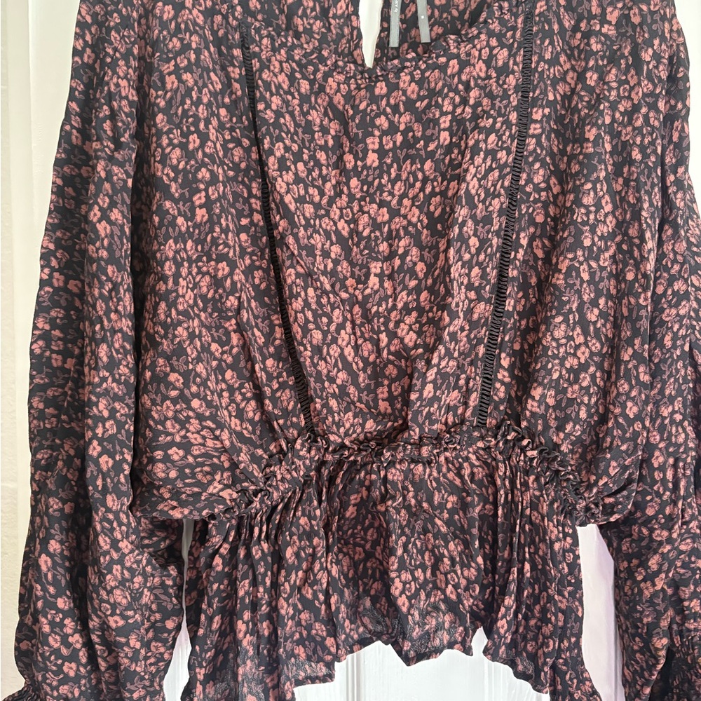 Anthropologie Black and Pink Patterned Blouse